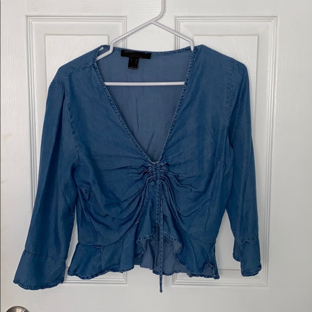 mock denim ruched crop top with frilly sleeves